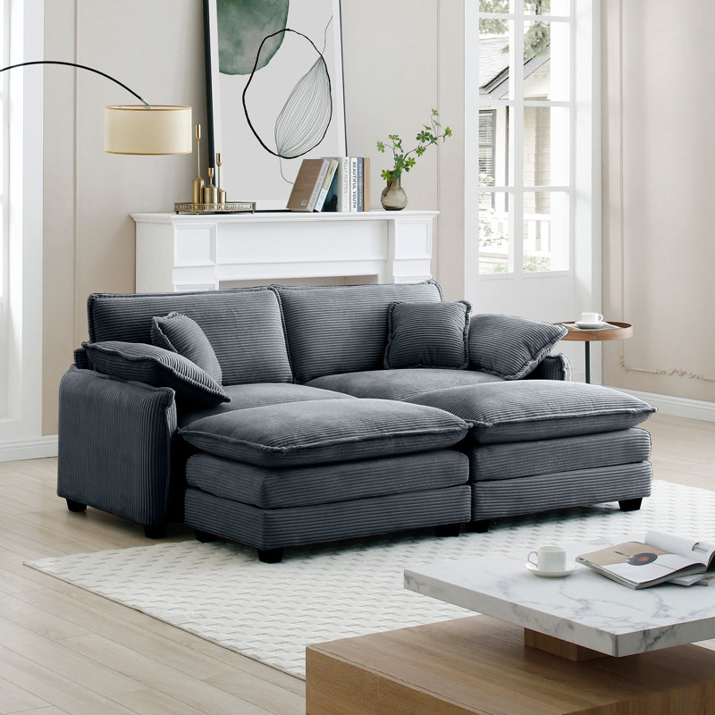 Everly Quinn Two seater Theater Sofa With Dual Footrests And Ottoman Ideal For Small Living Spaces Grey Corduroy Upholstery Wayfair